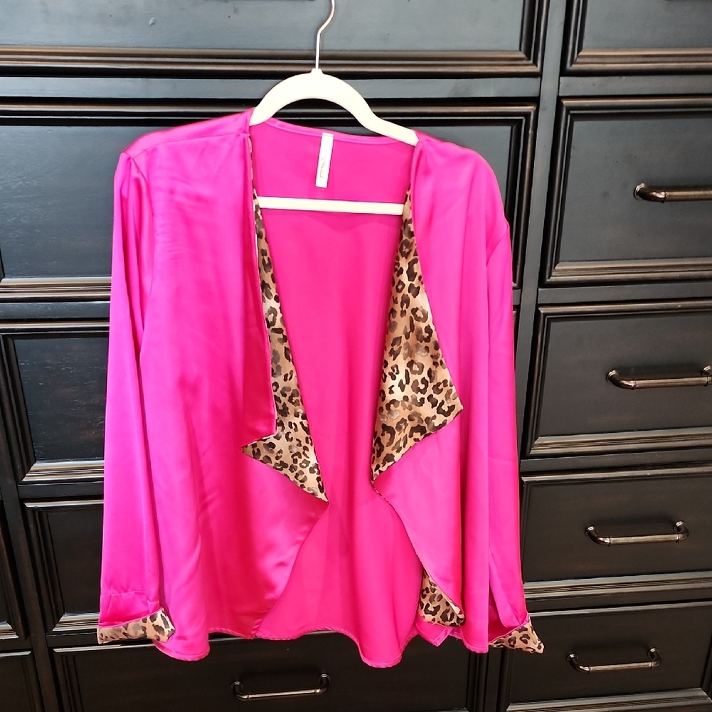 Hesed Hot Pink Open Front Cardigan with Leopard Trim Size 1X